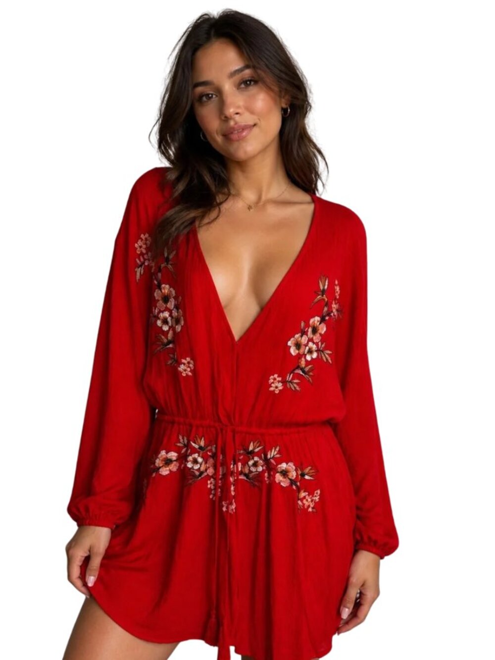 Red Embroidered Boho Dress – Floral Deep V Flowing Dress